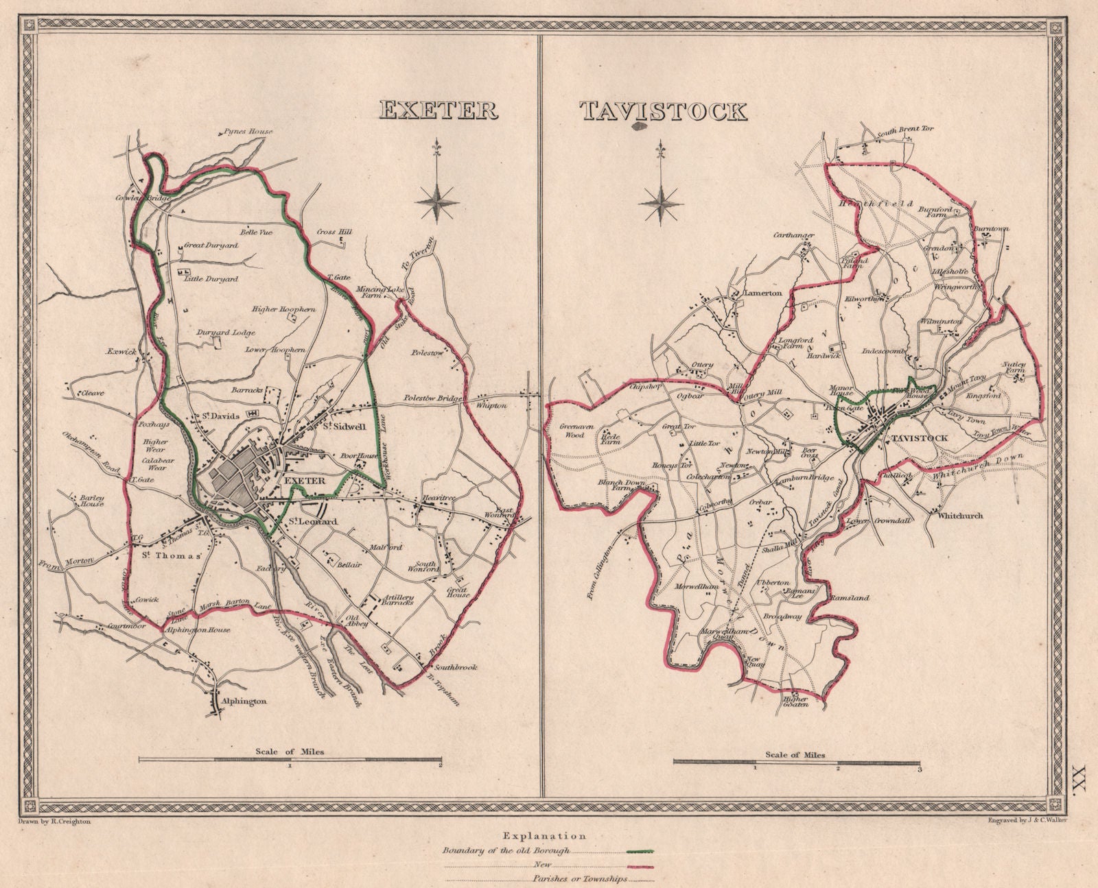 DEVON TOWNS. Exeter Tavistock borough plans. CREIGHTON/WALKER 1835 old map